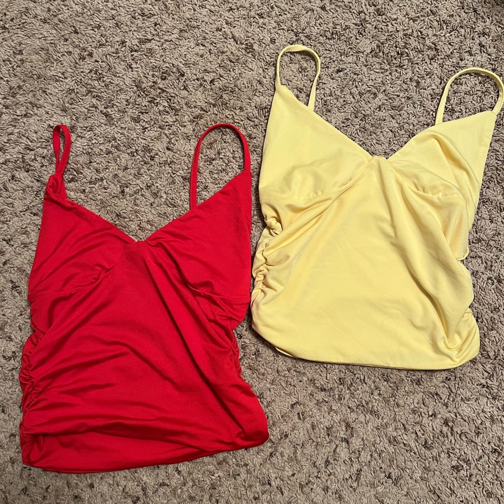 SHEIN Red and Yellow Ruched Camisoles with Spaghetti Straps